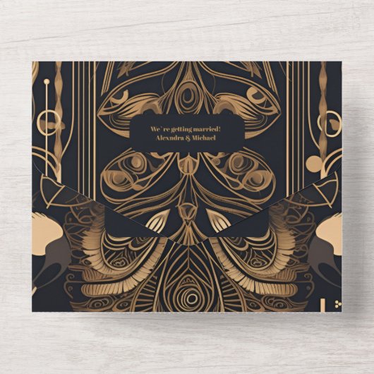 Elegant Art Deco Peacocks Wedding All In One Uitnodiging (Achterkant)