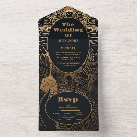Elegant Art Deco Peacocks Wedding All In One Uitnodiging (Binnen)