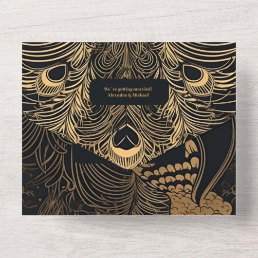 Elegant Art Deco Peacocks Wedding All In One Uitnodiging (Achterkant)