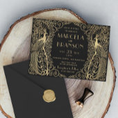 Elegant Art Deco Peacocks Wedding Gold op zwart Kaart