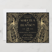 Elegant Art Deco Peacocks Wedding Gold op zwart Kaart (Voorkant)