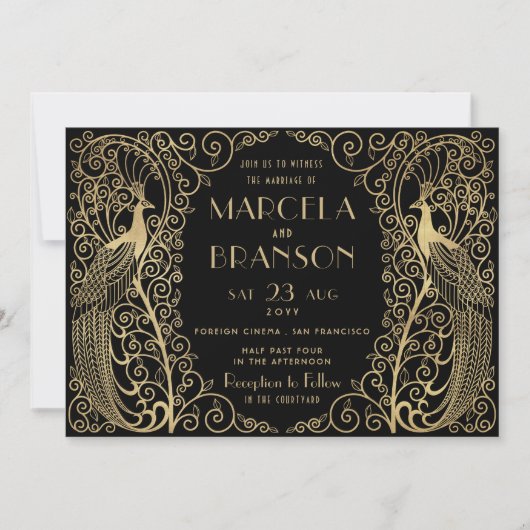 Elegant Art Deco Peacocks Wedding Gold op zwart Kaart (Voorkant)