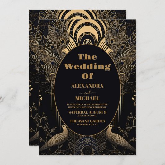 Elegant Art Deco Peacocks Wedding Kaart (Voorkant / Achterkant)