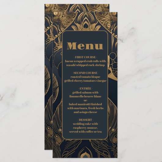 Elegant Art Deco Peacocks Wedding Menu (Voorkant / Achterkant)
