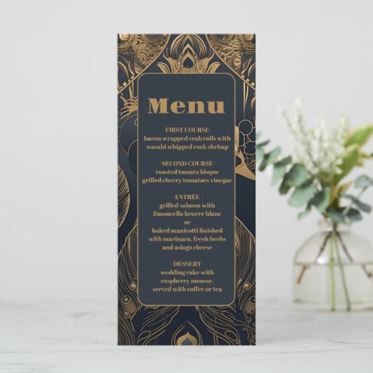 Elegant Art Deco Peacocks Wedding Menu (Staand voorkant)