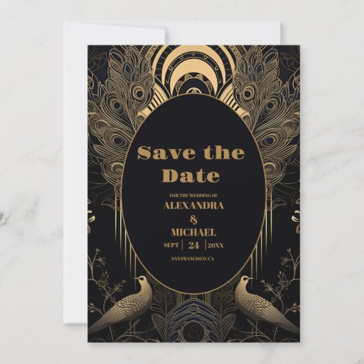 Elegant Art Deco Peacocks Wedding Save The Date (Voorkant)