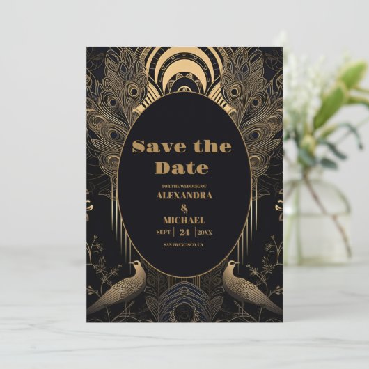 Elegant Art Deco Peacocks Wedding Save The Date (Staand voorkant)