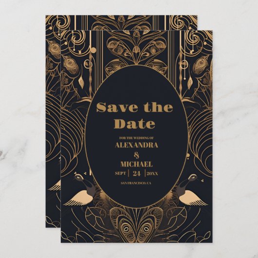 Elegant Art Deco Peacocks Wedding Save The Date (Voorkant / Achterkant)