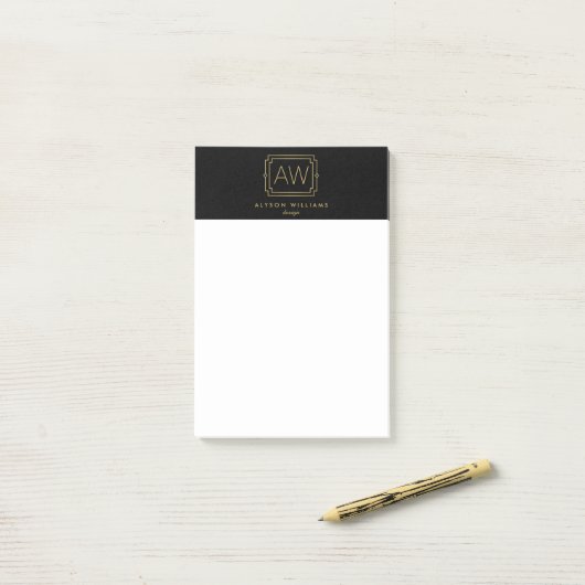Elegant Art Deco Professioneel Monogram Zwart/Goud Post-it® Notes (Op bureau)