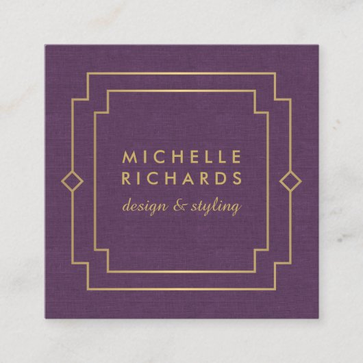 Elegant Art Deco Professioneel Paarse Linnen/Goud Vierkante Visitekaartje (Voorkant)