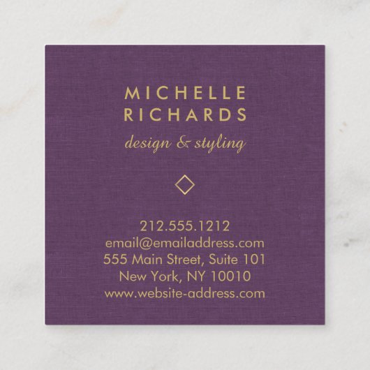 Elegant Art Deco Professioneel Paarse Linnen/Goud Vierkante Visitekaartje (Achterkant)