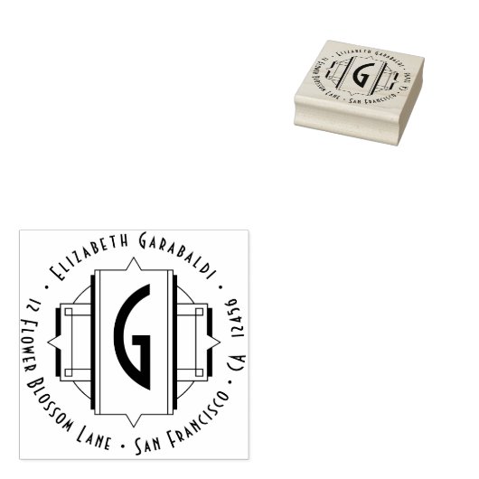 Elegant Art Deco Round Return-adres Rubberstempel (Gestempeld)