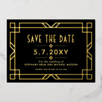 Elegant Art Deco Save the Date Black Gold Kaart