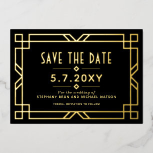 Elegant Art Deco Save the Date Black Gold Kaart