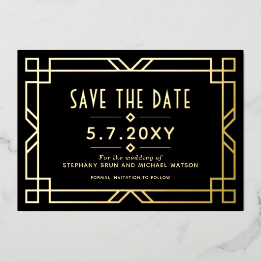 Elegant Art Deco Save the Date Black Gold Kaart (Voorkant)