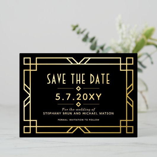 Elegant Art Deco Save the Date Black Gold Kaart (Staand Voorkant)