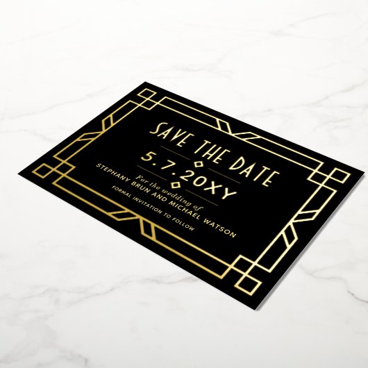 Elegant Art Deco Save the Date Black Gold Kaart (Gedraaid)