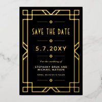 Elegant Art Deco Save the Date Black Gold Kaart