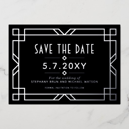 Elegant Art Deco Save the Date Black Silver Kaart (Voorkant)
