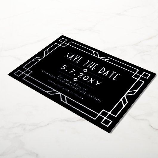 Elegant Art Deco Save the Date Black Silver Kaart (Gedraaid)