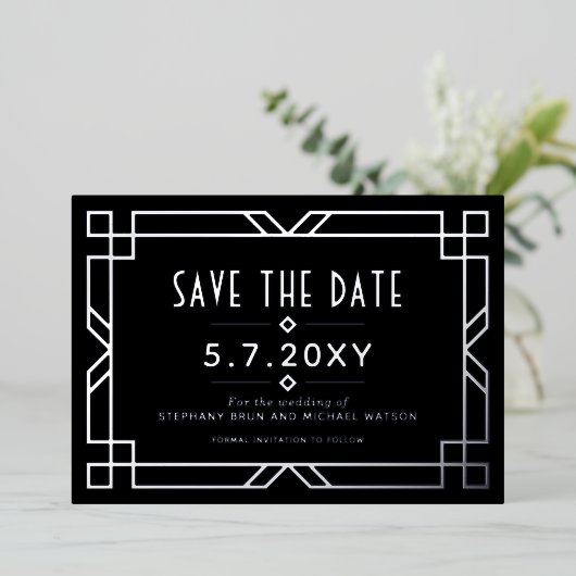 Elegant Art Deco Save the Date Black Silver Kaart (Staand Voorkant)