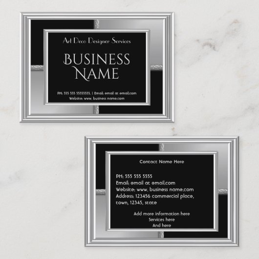 Elegant Art Deco Silver Black Geometrical Metal Visitekaartje (Voorkant / Achterkant)