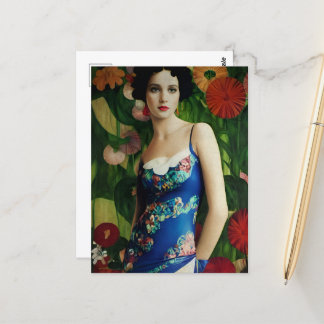 Elegant Art Deco Style Woman met Large Flowers Art Briefkaart