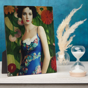 Elegant Art Deco Style Woman met Large Flowers Art Fotoplaat