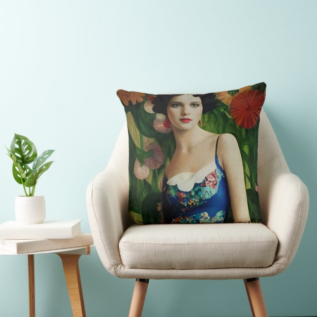Elegant Art Deco Style Woman met Large Flowers Art Kussen (Stoel)