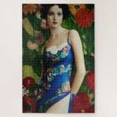 Elegant Art Deco Style Woman met Large Flowers Art Legpuzzel (Verticaal)