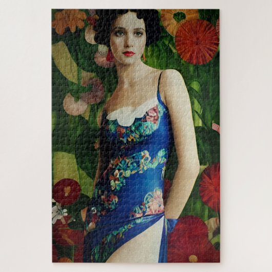 Elegant Art Deco Style Woman met Large Flowers Art Legpuzzel (Verticaal)