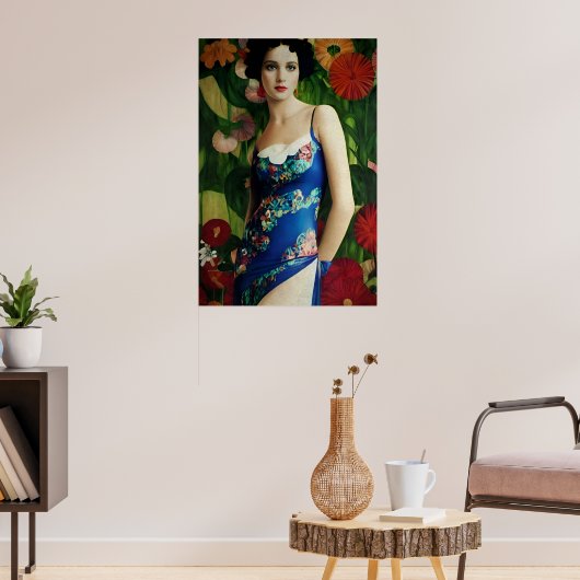 Elegant Art Deco Style Woman met Large Flowers Art Poster (Woonkamer 3)