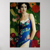 Elegant Art Deco Style Woman met Large Flowers Art Poster (Voorkant)