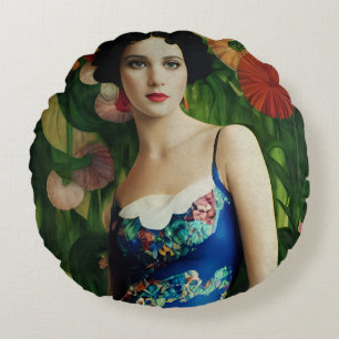Elegant Art Deco Style Woman met Large Flowers Art Rond Kussen