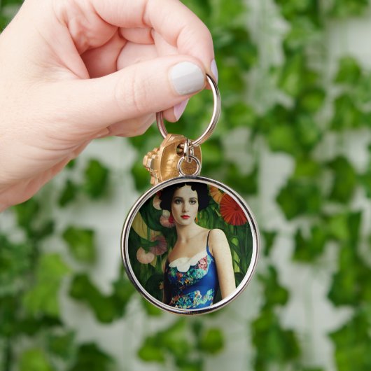 Elegant Art Deco Style Woman met Large Flowers Art Sleutelhanger (Hand)