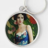 Elegant Art Deco Style Woman met Large Flowers Art Sleutelhanger (Voorkant)