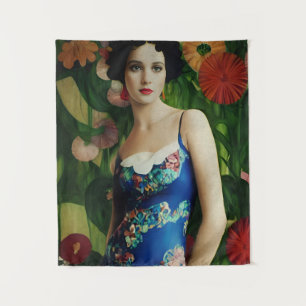 Elegant Art Deco Style Woman met Large Flowers Art Wandkleed