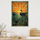 Elegant Art Deco Swan Sunset Lake Poster (Keuken)