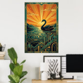 Elegant Art Deco Swan Sunset Lake Poster (Thuiskantoor)