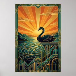 Elegant Art Deco Swan Sunset Lake Poster