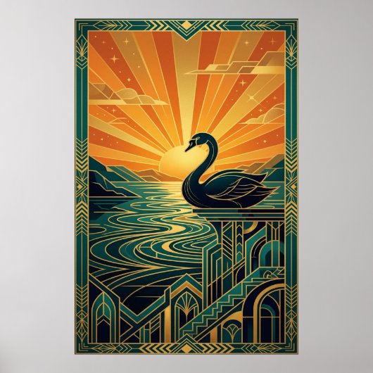 Elegant Art Deco Swan Sunset Lake Poster (Voorkant)