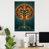 Elegant Art Deco Tree Silhouette Gold & Teal Poste Poster (Thuiskantoor)