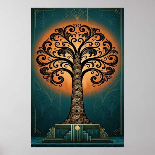 Elegant Art Deco Tree Silhouette Gold & Teal Poste Poster (Voorkant)