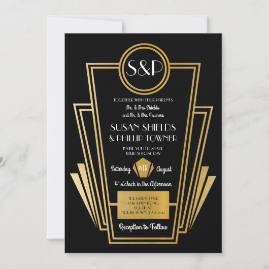 Elegant Art Deco Wedding Invitding Black Gold Kaart (Voorkant)