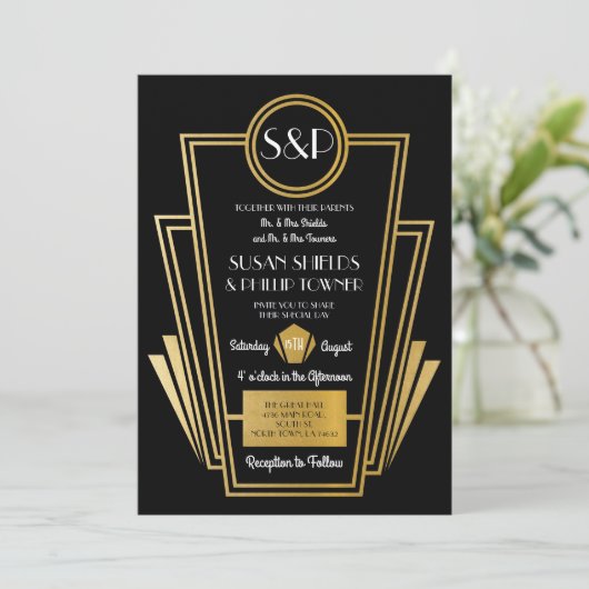 Elegant Art Deco Wedding Invitding Black Gold Kaart (Staand voorkant)