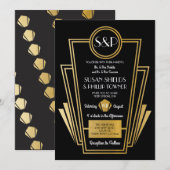 Elegant Art Deco Wedding Invitding Black Gold Kaart (Voorkant / Achterkant)