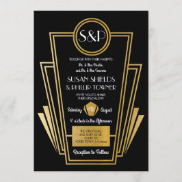 Elegant Art Deco Wedding Invitding Black Gold Kaart