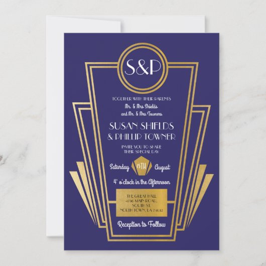 Elegant Art Deco Wedding Invitding Navy Gold Kaart (Voorkant)