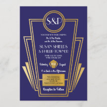 Elegant Art Deco Wedding Invitding Navy Gold