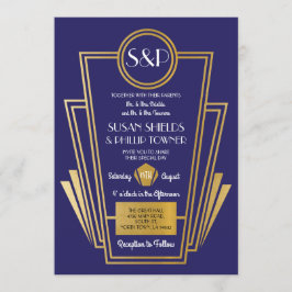 Elegant Art Deco Wedding Invitding Navy Gold Kaart